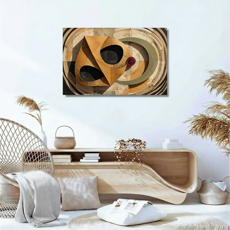Abstrait collage géométrique doré avec anneaux concentriques, art mural, 12"H x 18"W