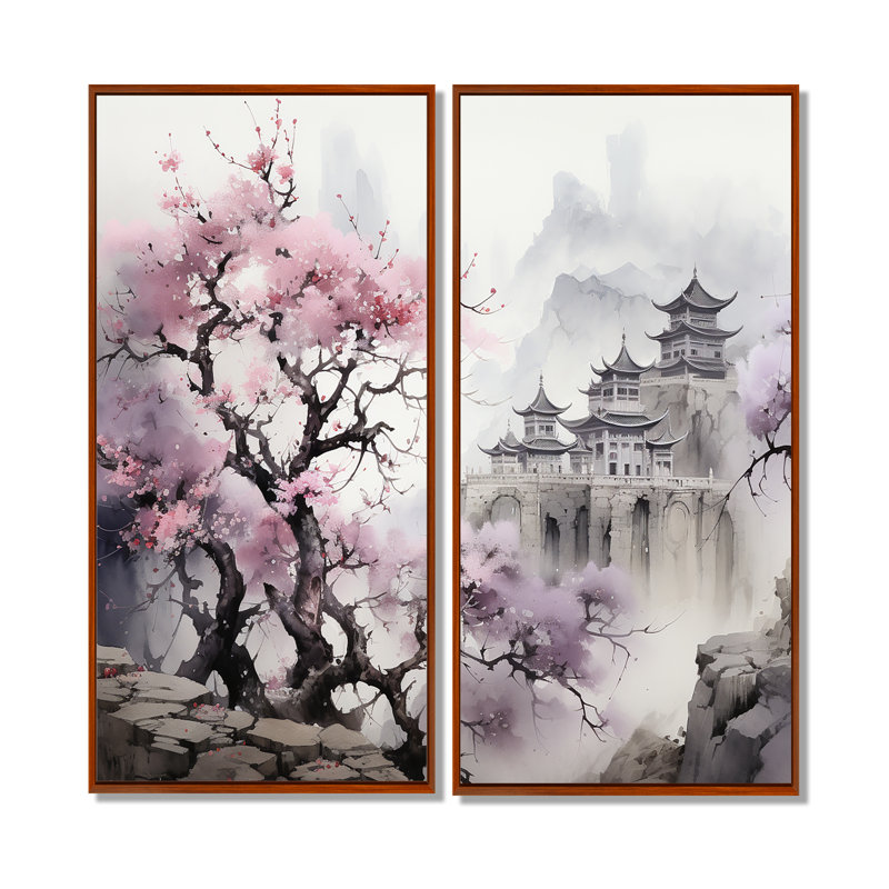 Décoration murale rose paysage floral japonais I - Paysages Japon, H 32 po x l 32 po, Impression encadrée flottante, Brun
