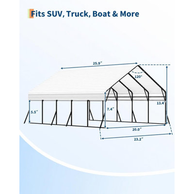 Abri d'auto robuste en métal 20 x 25 x 13,4 pi, abri 2 voitures toutes saisons pour camionnettes, bateaux, véhicules récréatifs, cadre renforcé avec ancrages