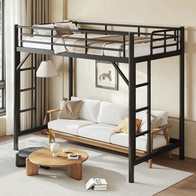 Metal Loft Bed, Loft Bed with Easy Climbing Ladder and Guardrails
