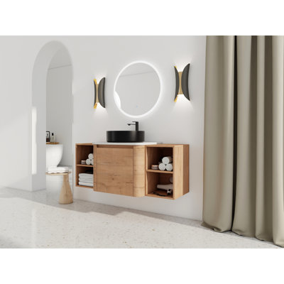 Meuble-lavabo moderne de 122 cm avec lavabo en céramique décorative, 2 étagères de rangement, porte à fermeture amortie, structure en contreplaqué, couleur chêne imitation, emballage démontable, dalle en pierre blanche, lavabo durable, lisse et résistant aux taches.