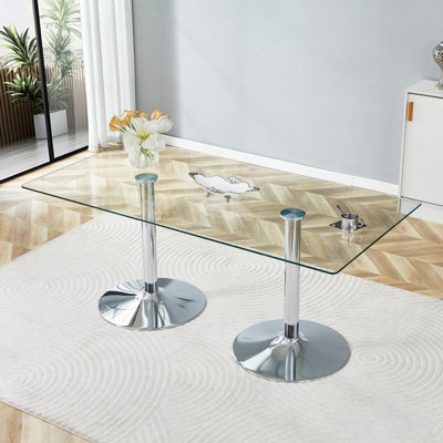 A Glass Tabletop With 71*35.4" And A Modern Minimalist Circular Dining Table With Electroplated Metal Legs. Suitable For Restaurants, Living Rooms.