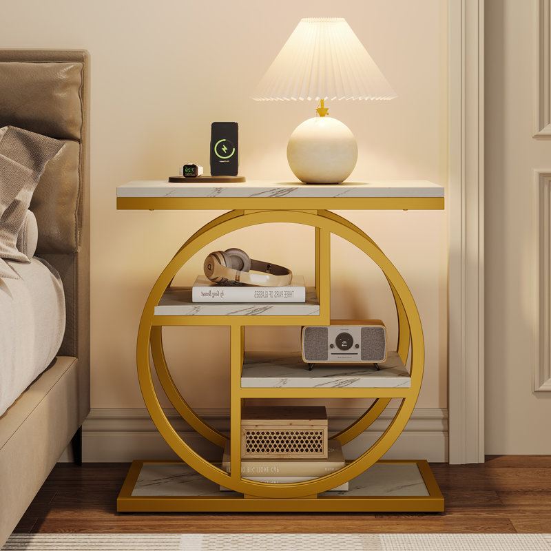 Wood and Metal 4-Tier End Table, Marble White, Gold