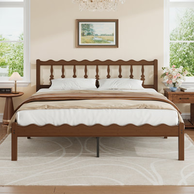 Walnut Finish Solid Wood King Bed Frame With Wavy Headboard, No Box Spring Needed, Bamboo & Metal