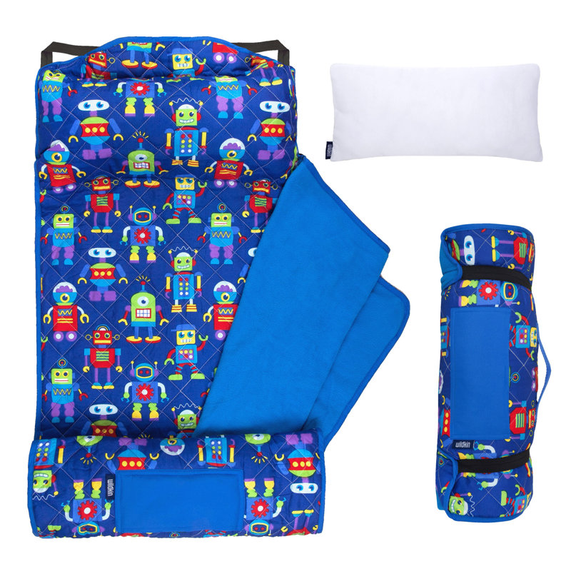 Wildkin Quilted Kids Nap Mat – Soft Microfiber with Pillow & Elastic Straps for School & Travel - Robots, Robots