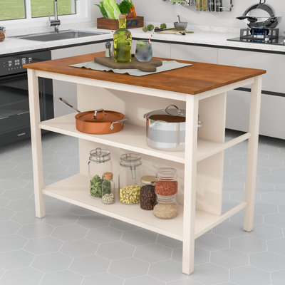 Doru Rustic 45" Stationary Kitchen Island, Rubberwood Butcher Block Dining Table with Open Shelves by 17 Stories