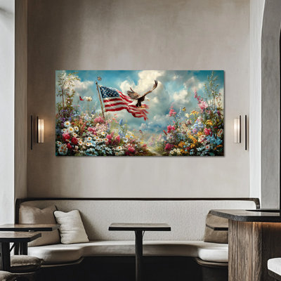  Large Patriotic Canvas Wall Art - American Flag Picture with Bald Eagle in Scenic Flower Landscape, 4th of July Wall Decor, Americana Artwork for Home Decoration, 24×48 inches