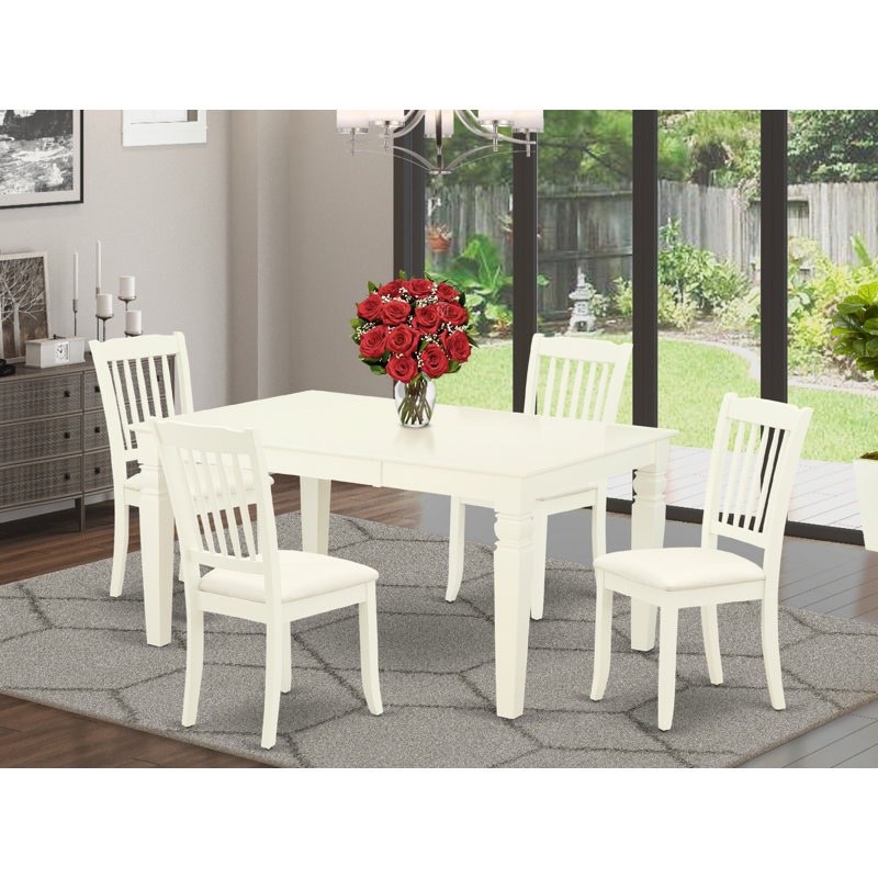 Ensemble de salle à manger 5 pièces comprenant une table de salle à manger rectangulaire avec rallonge papillon et 4 chaises en tissu de lin, blanc lin