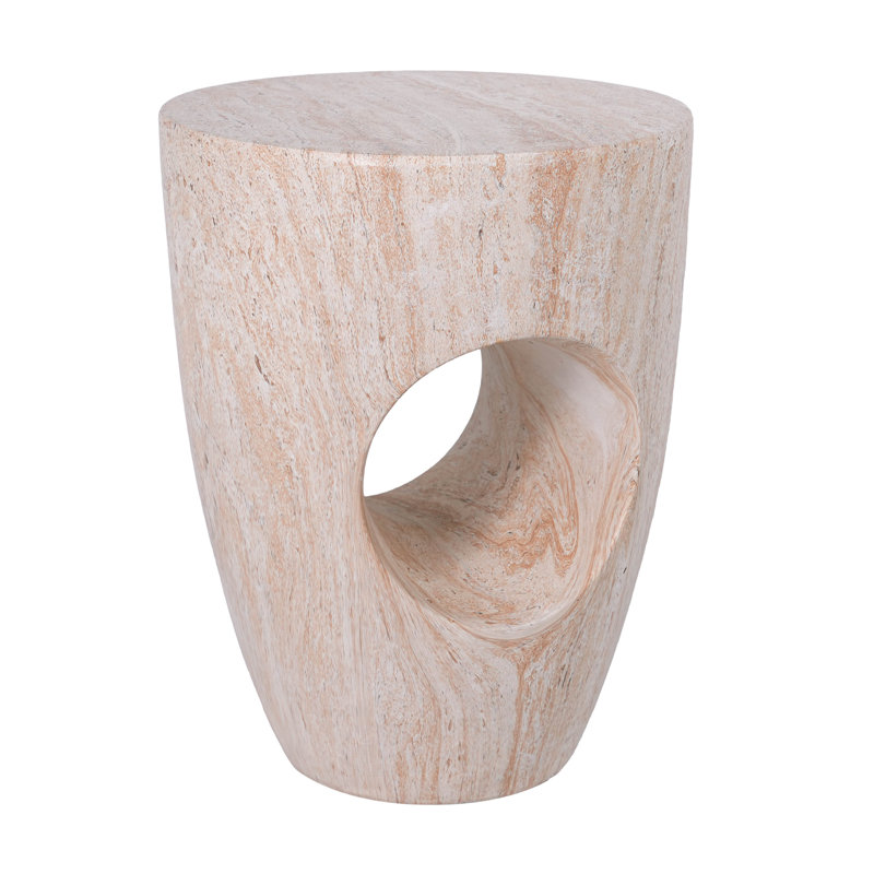 Hennis 19.29"H Modern Round Magnesium Oxide Side Table with Cutout Accent, Beige Marble