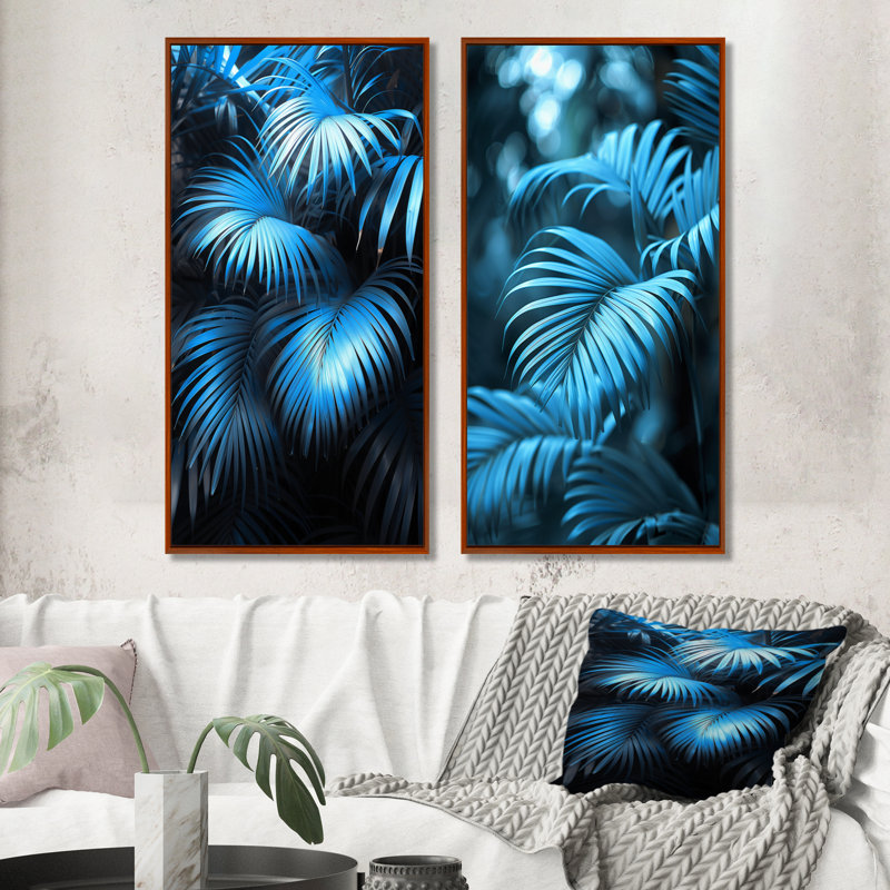 «Blue Palm Trees» Natures Nuance I - Ensemble de 2 palmiers et palmiers, H 40 po x l 40 po, Impression encadrée, Brun