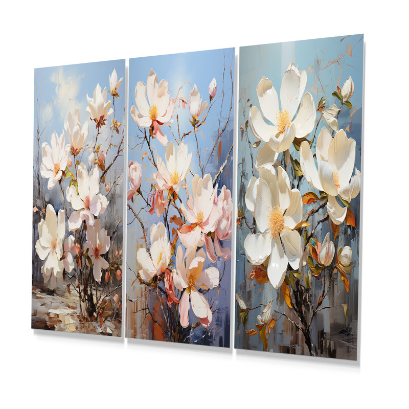 Pearl White Magnolias Bloom In Sunlit Garden - Magnolias Metal Wall Art Set Of 3, 32" H x 48" W