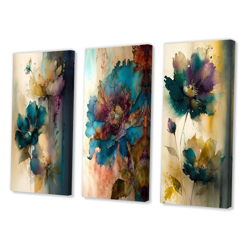 «Blossoming Wildflowers Delicate Retro Watercolor», 3 pièces sur toile, Toile tendue, H 40 po x l 60 po
