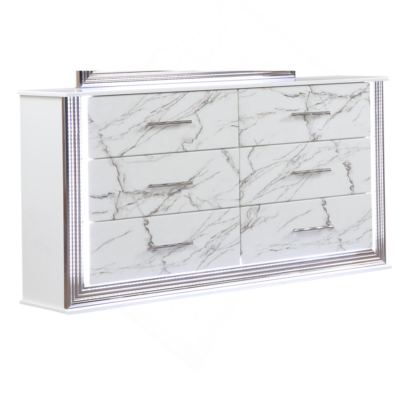 Commode à tiroirs en marbre avec finition blanche élégante, poignée métallique et six tiroirs spacieux pour un rangement élégant dans la chambre à coucher
