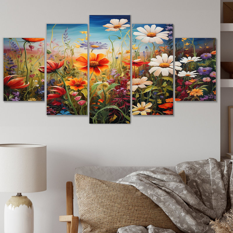 Fleurs colorées, symphonie III, art mural floral, salon, 5 panneaux