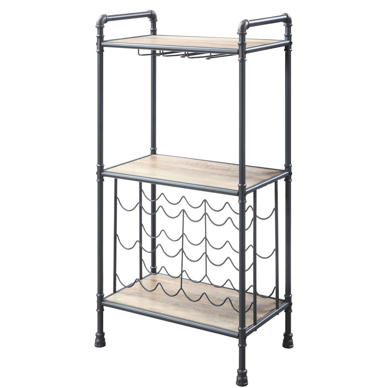 Étagère à vin en chêne antique et verre à pied gris sable - aspect industriel, capacité de 18 bouteilles avec support pour bouteilles, design