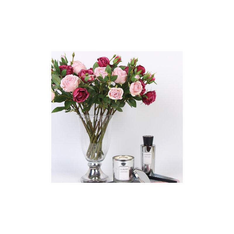 Tige de rose fleuri en soie, 3 tiges, Rose clair