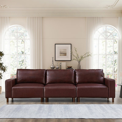 112" Faux Leather Sofa With Wood Legs