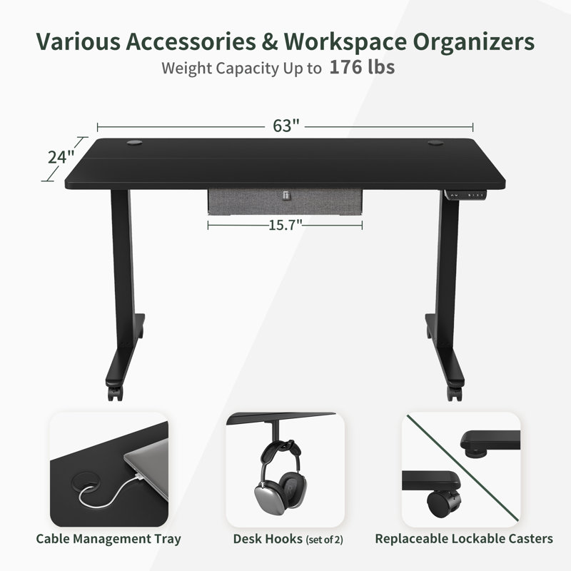 Bureau debout à hauteur ajustable, H 46 po x l 63 po x P 24 po, Noir