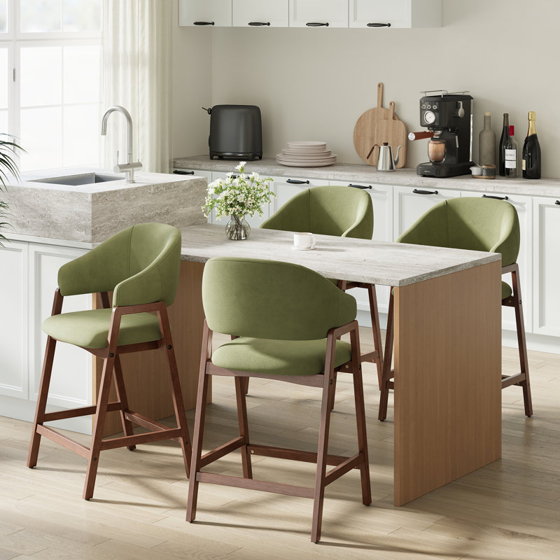 Upholstered Solid Wood Bar Stool Counter Stool, Green, 4