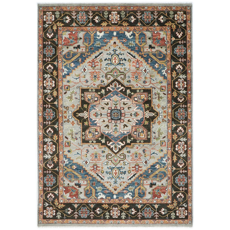 Tapis Oushak gris en laine noué à la main 9 pi 11 po x 14 pi 2 po, Rectangle 9 pi 11 po x 14 pi 2 po