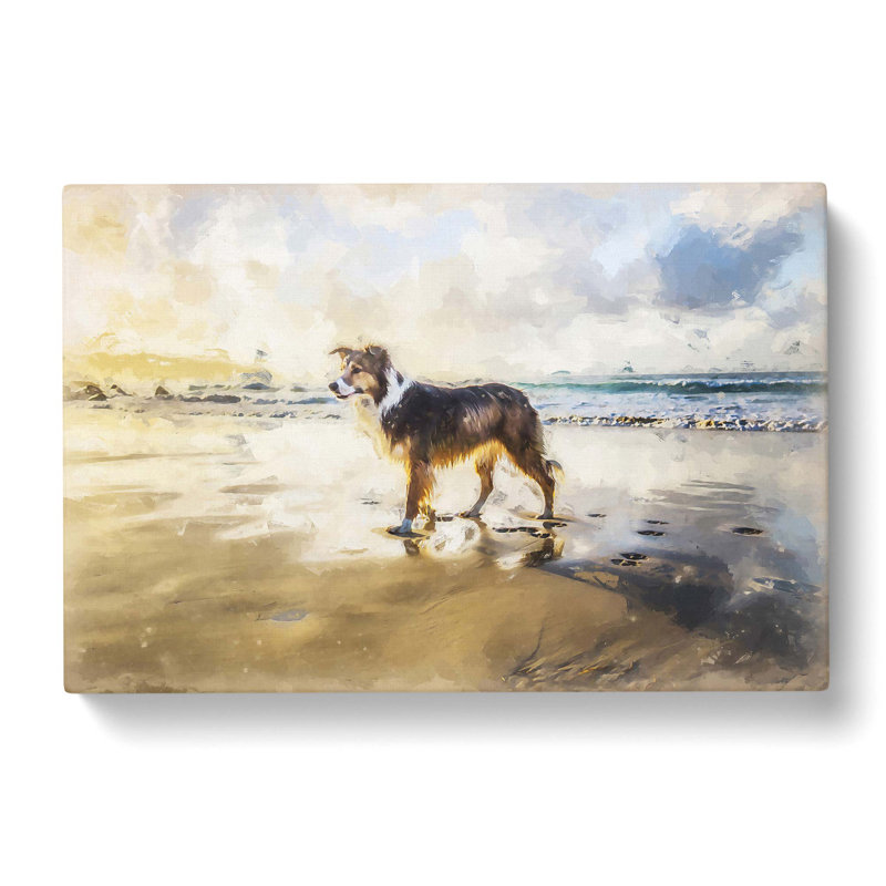 Border Collie Dog At The Beach In Abstract - Wrapped Canvas Painting, 60cm H x 91cm W