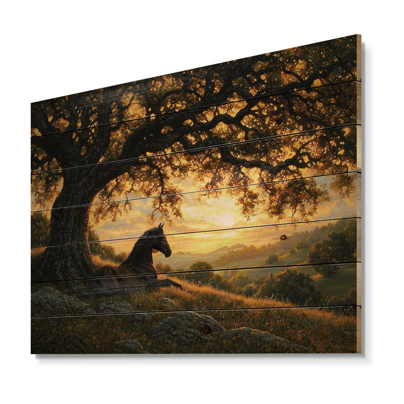 Cheval et le chêne IV - Art animalier en bois sur bois de pin naturel, H 30 po x l 40 po