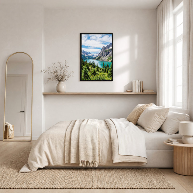 «Turquoise Lake and Pine Trees with Mountain Waterfall», art mural, H 30 po x l 20 po
