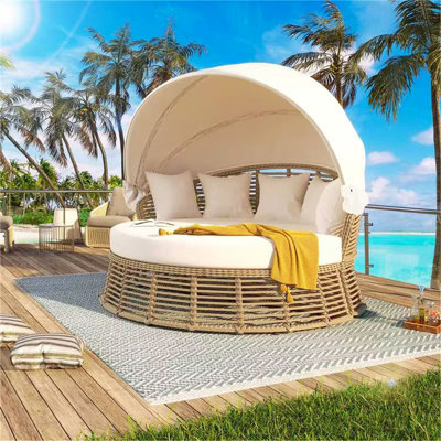 Outdoor Patio Rattan Round Daybed with Retractable Canopy, Wicker Furniture Round Poolside Sofa Sunbed with Removable Cushions