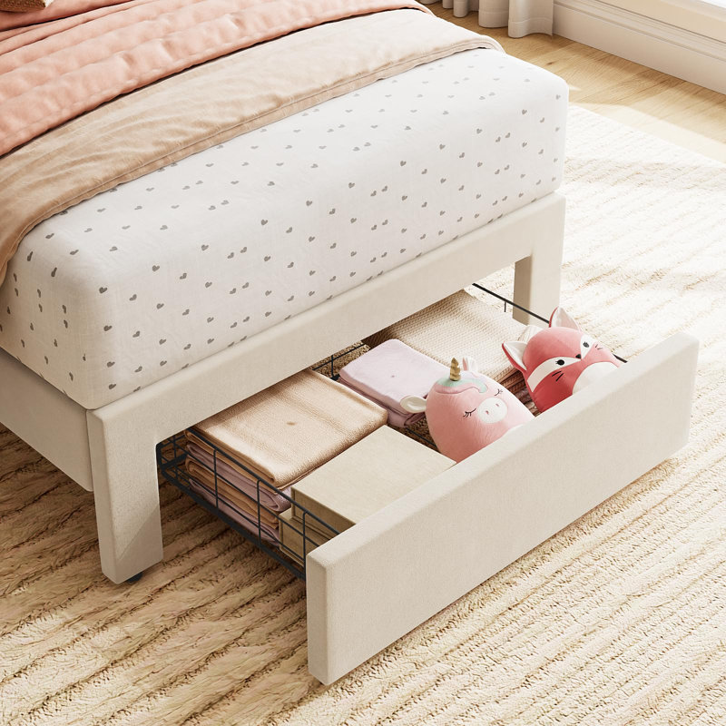 Twin Bed Frame With Under-Bed Drawer, Velvet Upholstered Platform Bed, White