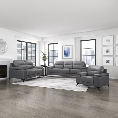 Dontario Modern & Contemporary Top Grain Leather 3-Piece Living Room Set with High-Density Foam, Exposed Metal Feet & Premium Seating Surfaces