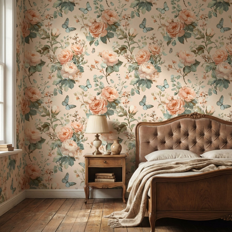 Papier peint amovible vintage avec motif floral rétro