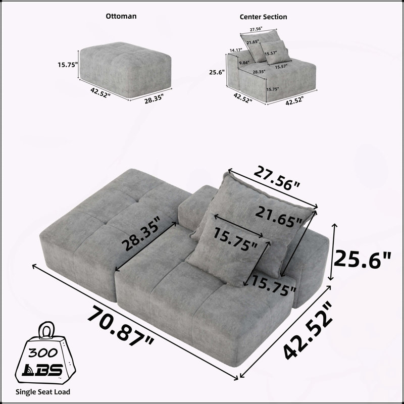 Canapé modulaire surdimensionné Boneless, tissu chenille scintillant, coussin moelleux, 2 coussins, aucun assemblage requis