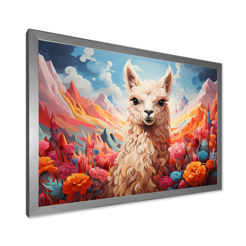 Enchanting Alpaca Valley - Alpaca, art mural, H 24 po x l 32 po x P 1 po, Cadre de coin argenté fermé