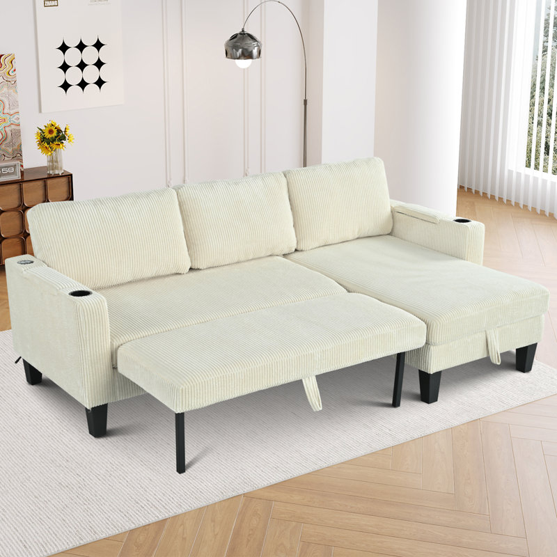 Reversible Sectional Sofa With Storage Chaise, Beige Corduroy