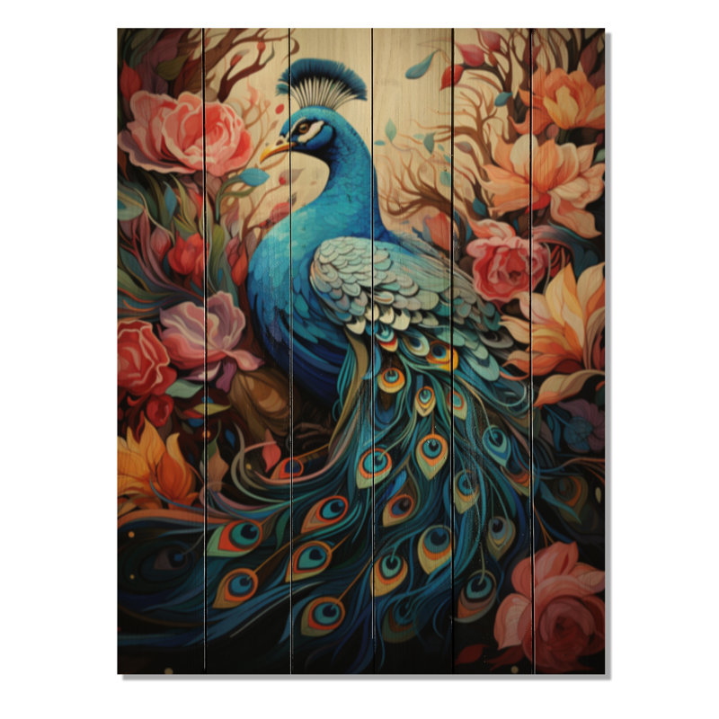 Gouache paon I sur bois, H 32 po x l 24 po x P 0,78 po