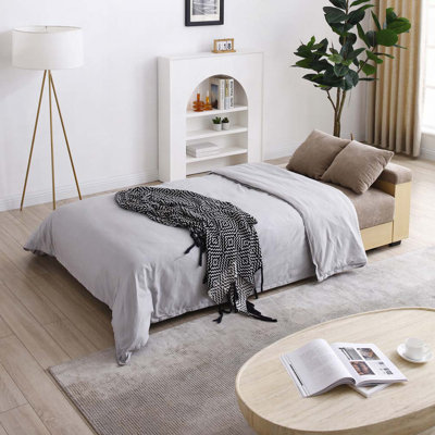 Canapé-lit convertible, repose-pieds avec rangement et accoudoir avec boîte et tiroir, table rabattable avec 2 porte-gobelets