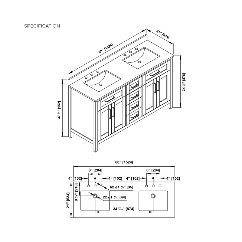Meuble-lavabo double 60 po Tahoe, Blanc