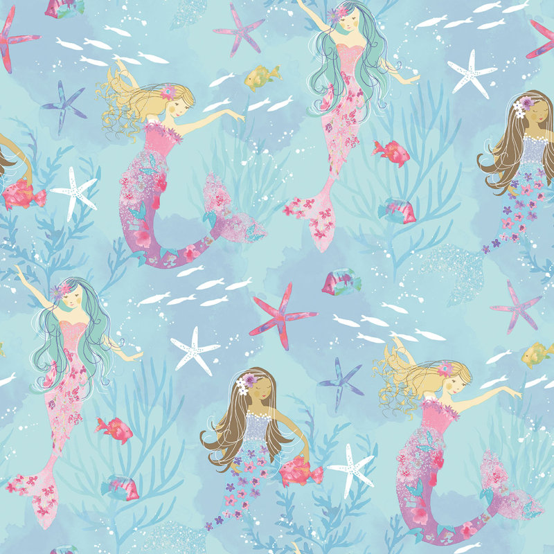 Tiny Tots 2 Glittery Mermaids Design 33' L x 21" W Wallpaper Roll, Turquoise/Hot Pink