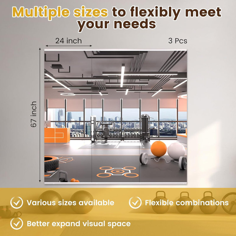 Full-Length Frameless Tempered Glass Yoga Mirrors with Mounting Kit for Home Gym, Yoga & Dance Studio, Set of 2/3, 67" x 24"