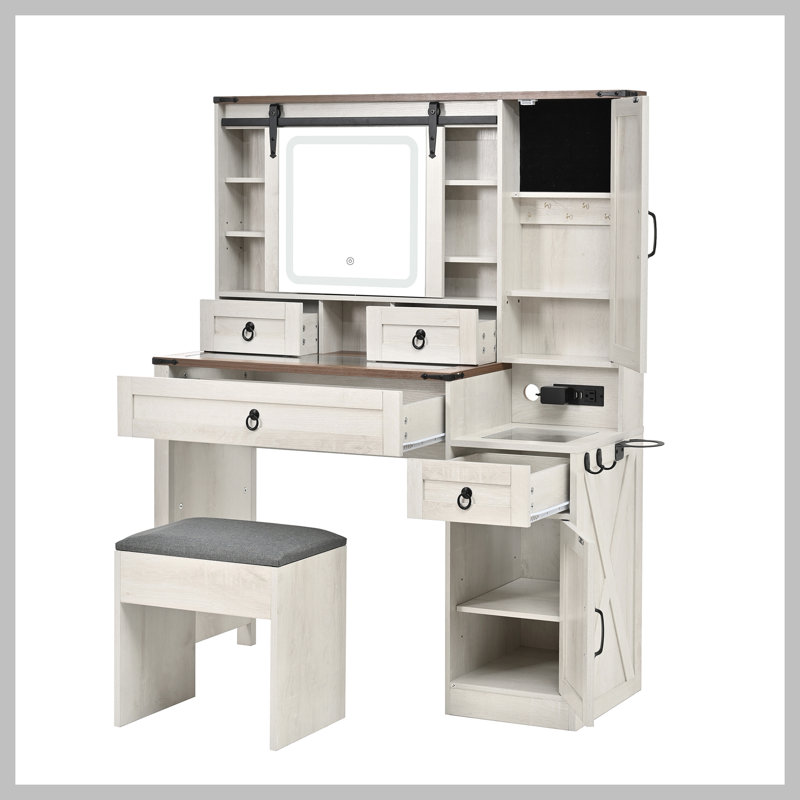 Farmhouse Vanity Desk with Sliding Mirror and Lights, Vanity Set with Glass Top and Charging Station ,Dressing Table with 4 Drawers and 2 Cabinets, Dressing Table with Stool for Bedroom, White