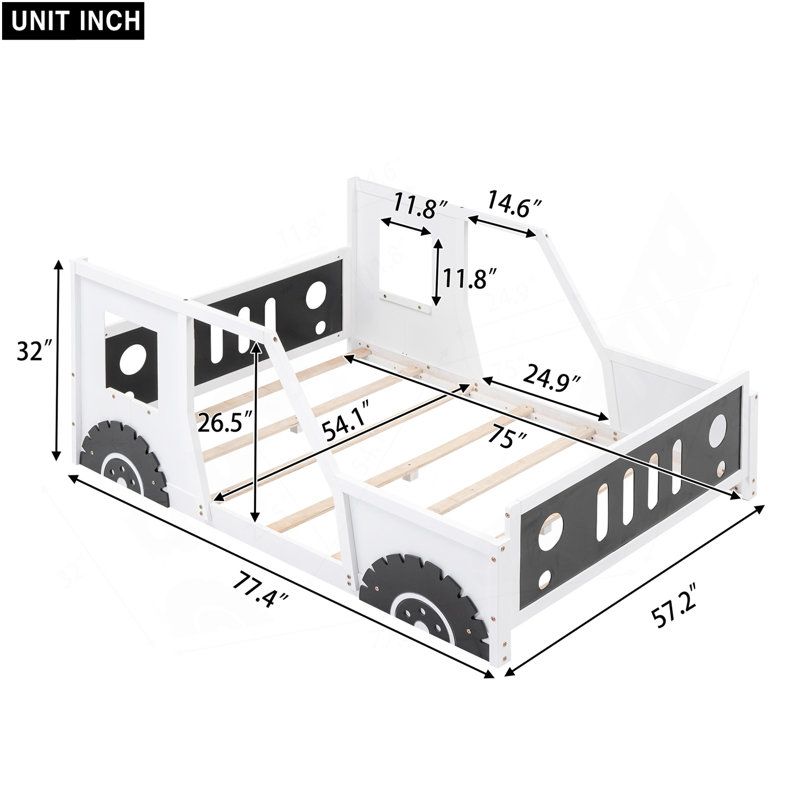 Lit plateforme double classique en forme de voiture avec roues, blanc
