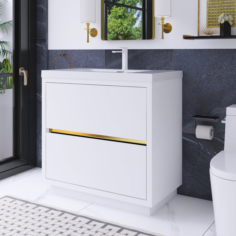 36 po Meuble-lavabo autoportant à simple cuve, Blanc lustré