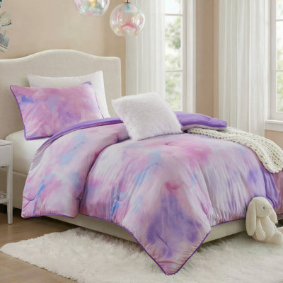 Cassiopeia Purple Watercolor Tie Dye Printed 3-Piece Twin/Twin XL Comforter Set with Throw Pillow