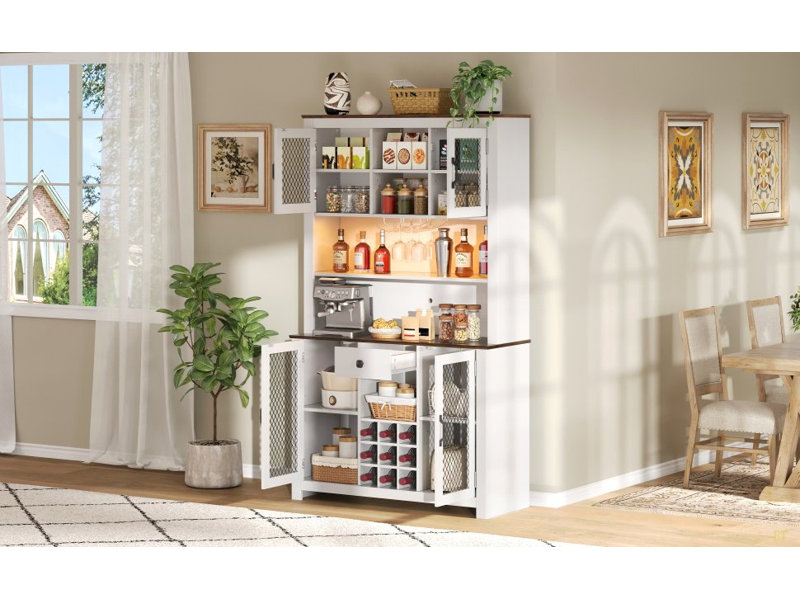 70,9 po Armoire de rangement pour garde-manger rustique, huche de cuisine avec prises de courant DEL, Blanc