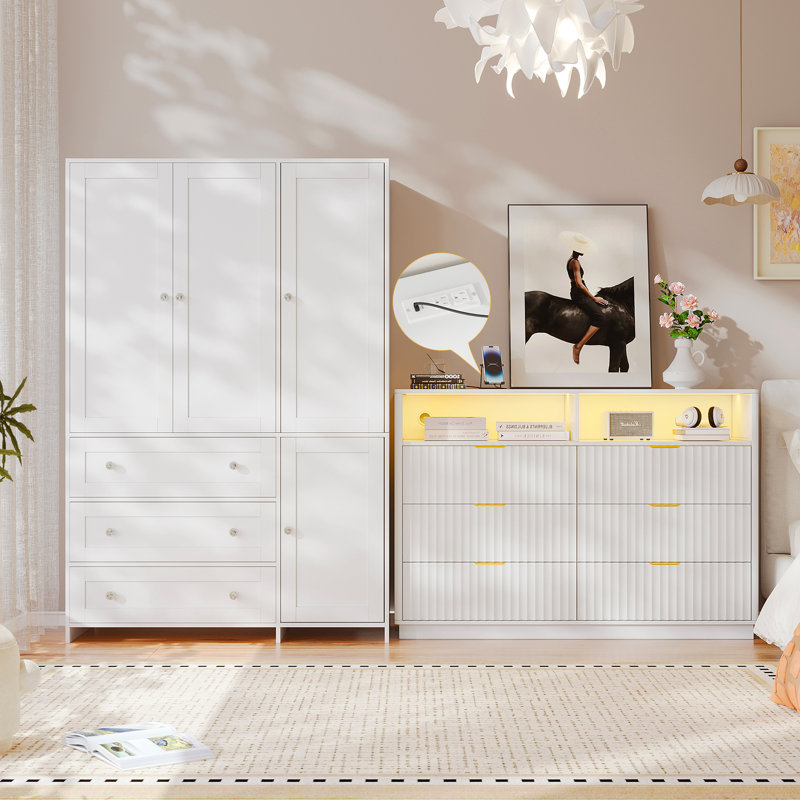 Ensemble de chambre à coucher 2 pièces: armoire avec miroir et commode cannelée à 6 tiroirs avec éclairage DEL
