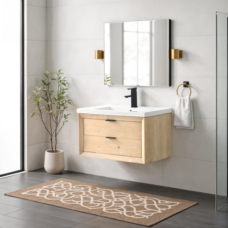 Ensemble de meuble-lavabo mural moderne minimaliste 30 po Danbury, Teck blanc