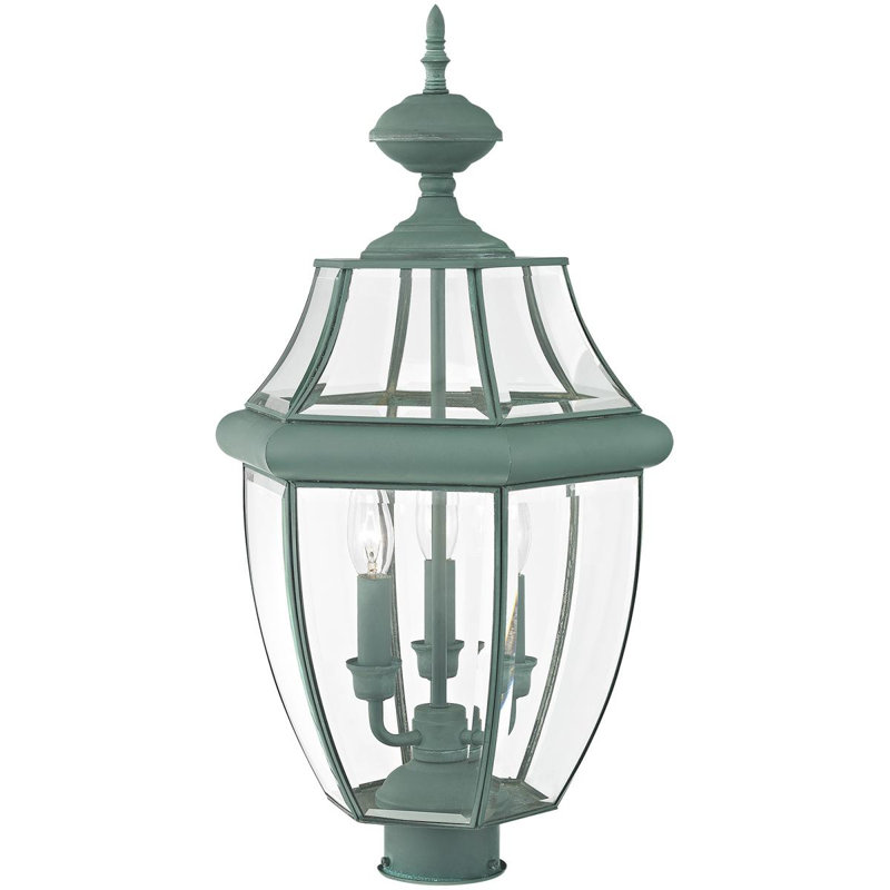 3-Light White Outdoor Post Lantern Pendant: Clear Glass Shade, Verdigris