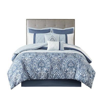 Édredon pour grand lit 8 pièces avec motif en losanges et garniture bleue marine