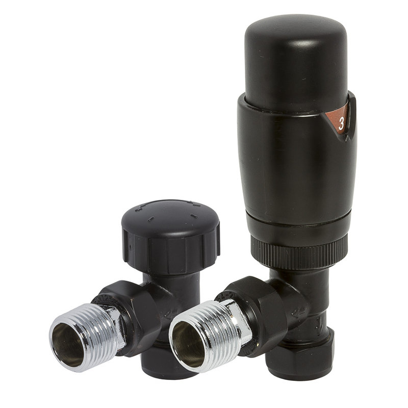 Round Angled Thermostatic Radiator Valve and Lockshield Valves, Black