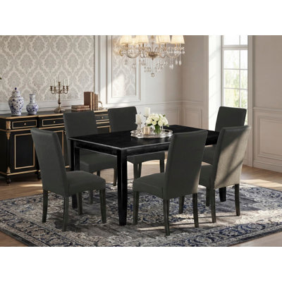 7 Piece Modern Dining Table Set Consist of a Rectangle Wooden Table and 6 Black Color Linen Fabric Upholstered Chairs, Black